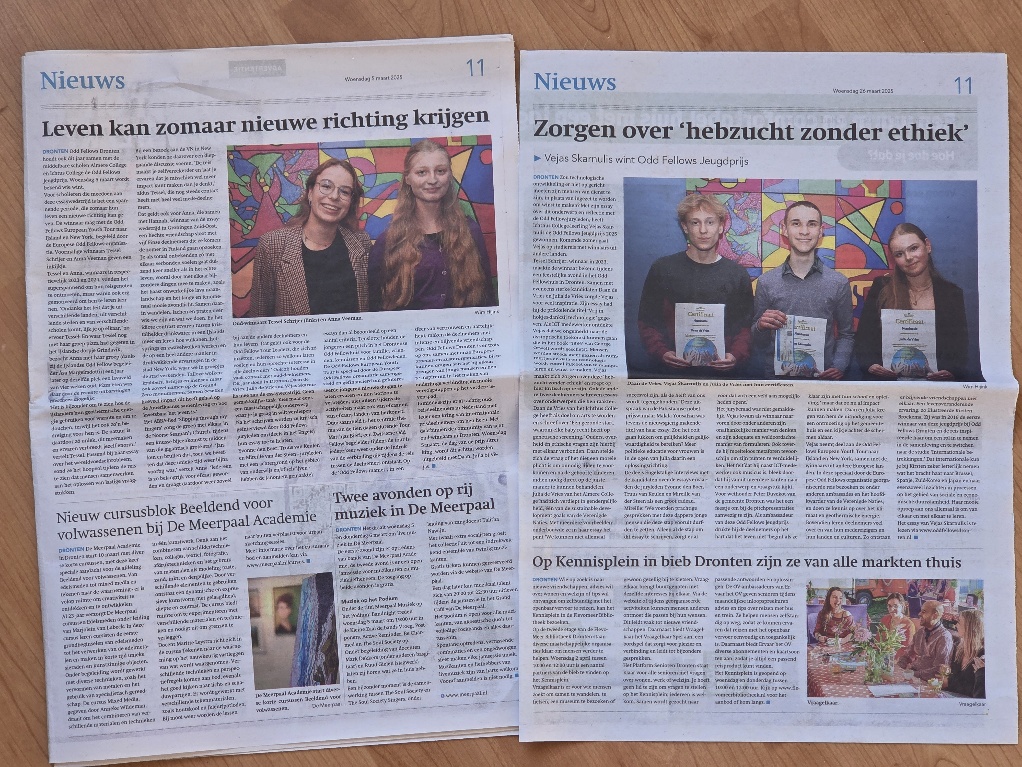 Twee artikelen in de Flevopost over Odd Fellows Jeugdprijs en Véjas Škarnulis